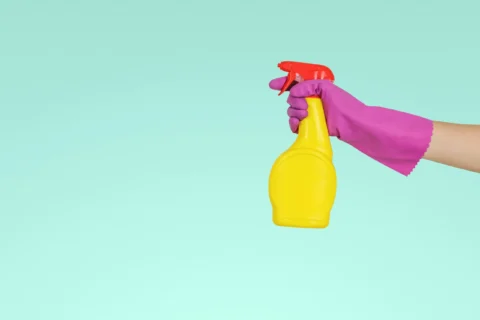 Gloved hand holding a spray bottle, ready for cleaning.