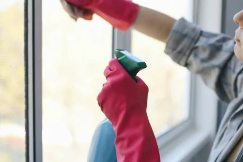 Woman cleaning a window with a microfiber cloth and eco-friendly spray.